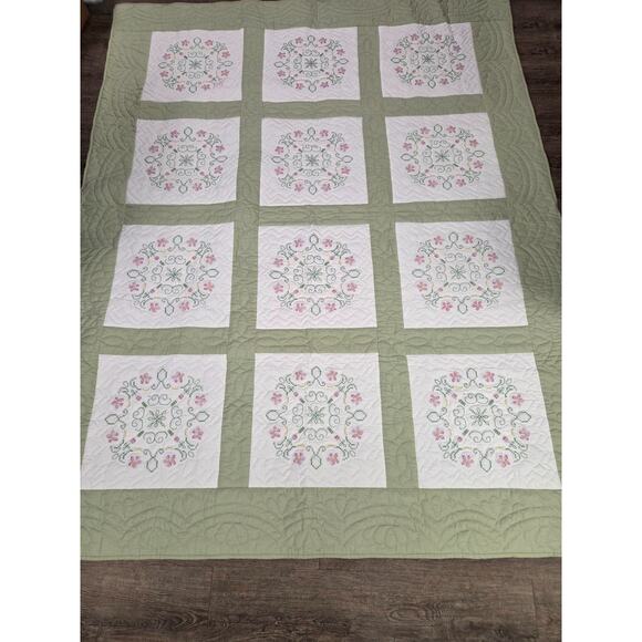 Other - Brand New HandMade Machine Quilted Sage Green Pink Block Twin Size Quilt Blanket